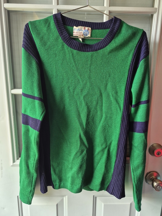 Snowflakes Sweaters - Vintage Snowflakes 100% Wool Green & Navy Rib-Panel Sweater